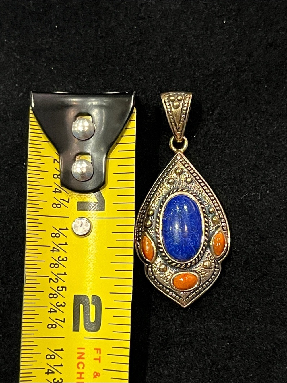 Vintage Brass Lapis Earring and Pendant Set - Picture 6 of 7